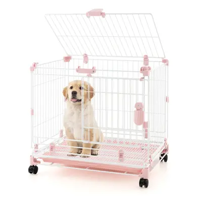 Folding Dog Kennel Metal Wire Dog Crate Cage w/Lockable Wheels & Doors