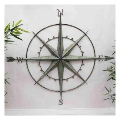 Compass Green Antique Metal Wall Art Garden Vintage Plaque Decor 95cm