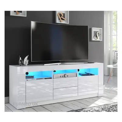 (White LED Lights) White TV Stand 160cm Unit Cabinet Gloss & Matt Clifton18 LED Lights