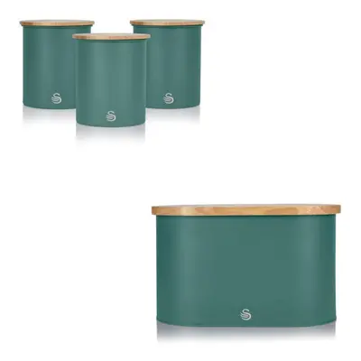 (Green) Swan Nordic Bread Bin with Bamboo Chopping Board Lid & Set of Kitchen Storage Canisters 