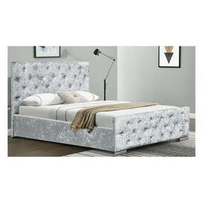 (4ft6 Double, Silver) Palma Crushed Velvet Diamante Chesterfield Bedframe with Ameila Mattress