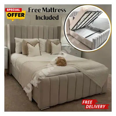 (Super King, Cream Plush without Gas Lift) Luxury Winged Panel Plush Upholstered Velvet Bed Fram