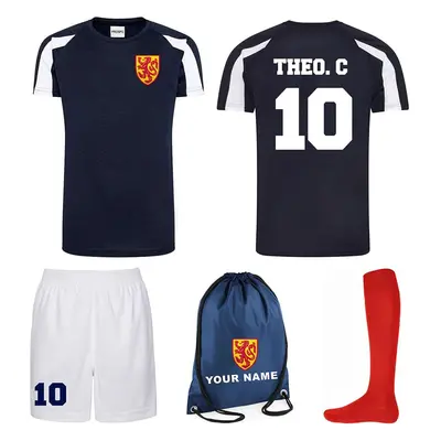 (9-11 Years) Personalised Scotland Style Kit Navy and White Football Shirt, White Shorts, Bag an