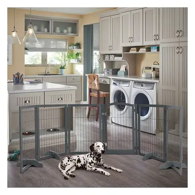 (Grey, Panels) Freestanding Wooden Pet Dog Gate Children Playpen Safety Fence Barrier Divider