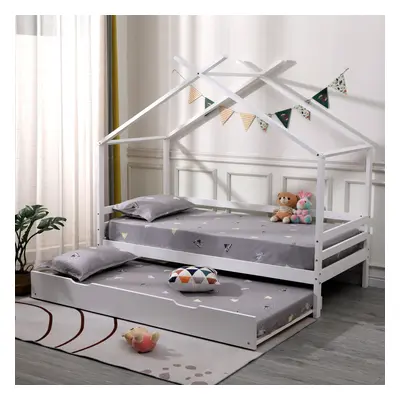 (White With Trundle, No Mattress) Teddy Kids Wooden House Treehouse Single Bed & Optional Trundl