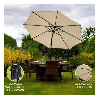 (Beige) 2.7m LED Tilt Parasol Lights Garden Umbrella