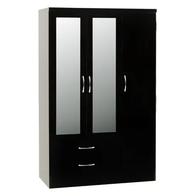 Nevada Door Drawer Mirrored Wardrobe in Black Gloss Finish