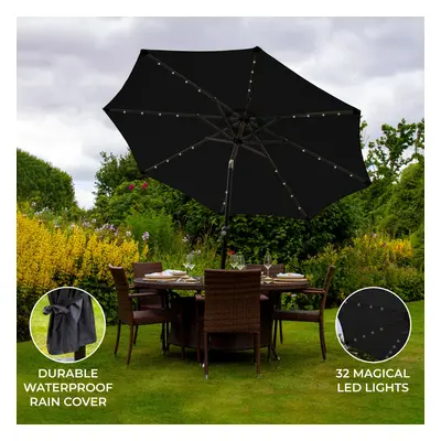 (Black) 2.7m LED Tilt Parasol Lights Garden Umbrella