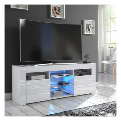 (White LED Light) White TV Stand 120cm Unit Cabinet Gloss & Matt Puzzo LED Lights