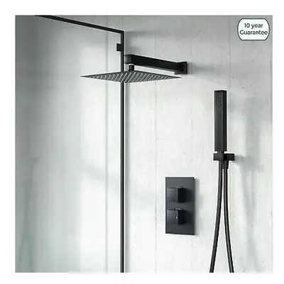 Black Matt Square Rainfall Shower Head with Hand Held Thermostatic Valve | Temel