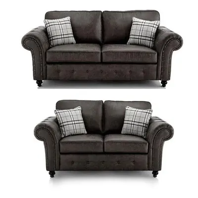 (Tan Black) Oakland Suede Leather 2 Seater Sofa Set