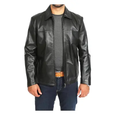 (Black, S) Mens Classic Zip Fasten Box Leather Jacket Tony Black