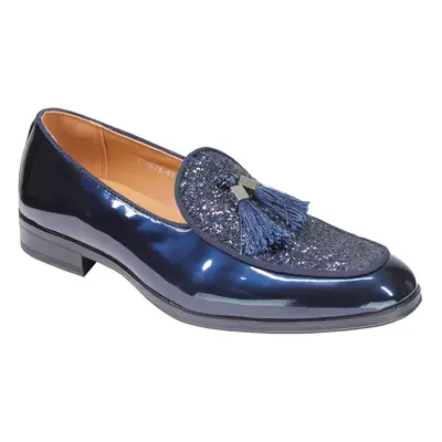 (43, Navy Blue) Mens Glitter Tassel Loafers PU Shiny Patent Leather Slip on Wedding Party Shoes