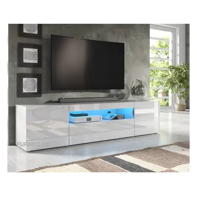 (White LED Lights ) White 200cm TV Stand Long Unit Cabinet Matt & Gloss Clifton08 LED Lights