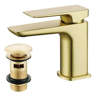 Nes Home Modern Cloakroom Brushed Brass Square Basin Mono Mixer Tap + Waste