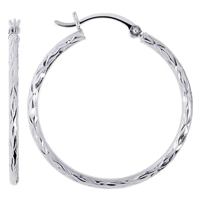 (30, White) 14K White Gold Diamond Cut Round Hoop Earrings