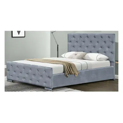 (5ft Kingsize, Grey) Palma Crushed Velvet Diamante Chesterfield Bedframe with Tanya Mattress