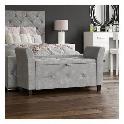 (Crushed Velvet Silver) Seville Storage Ottoman Winged Padded Bench Stool