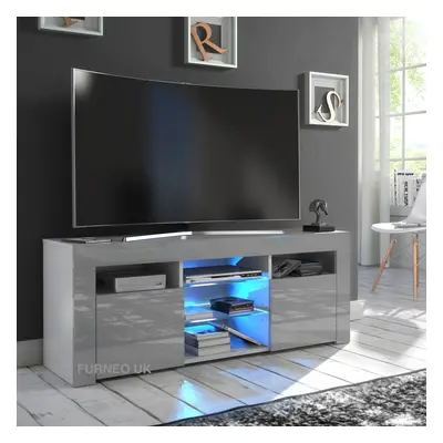 (Blue LED Lights) Grey TV Stand 120cm Unit Cabinet Gloss & Matt PuzzoG LED Lights