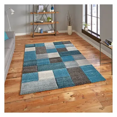 (120x170cm) Brooklyn Modern Rugs in Squares of Blue and Grey Thick Soft Mats