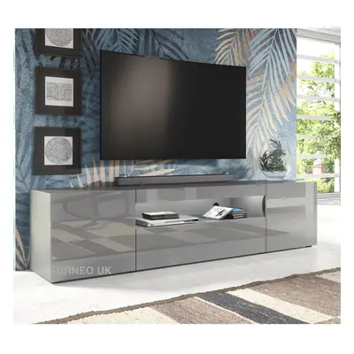 (White LED Lights) Grey 200cm TV Stand Long Unit Cabinet Matt & Gloss Clifton08G LED Lights