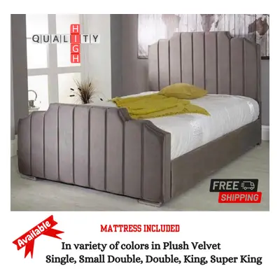 (Small Double-4ft, Mink Plush) Modern Designer Panel Bed Frame Plush Velvet with Mattress