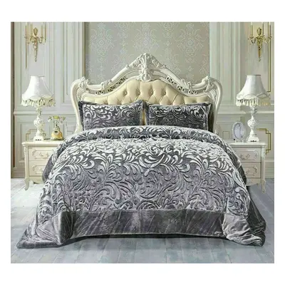 (Grey, Double) 3PCs Embossed Modern Teddy Fleece Velvet Bedspread