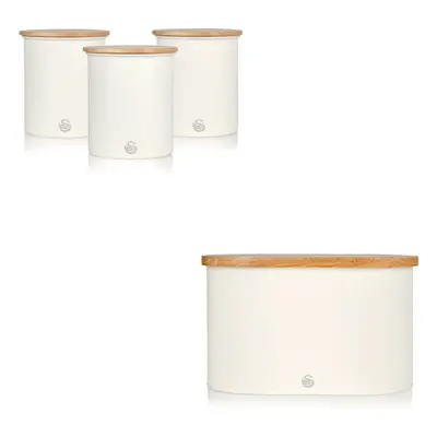 (White) Swan Nordic Bread Bin with Bamboo Chopping Board Lid & Set of Kitchen Storage Canisters 