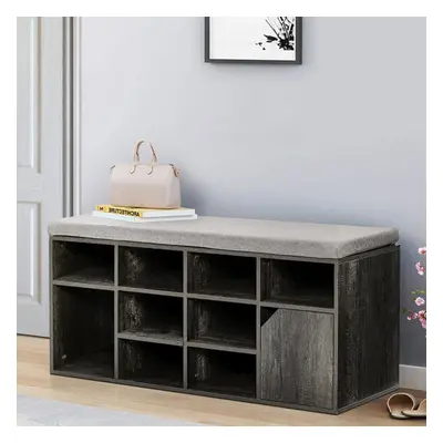 (Grey) Hallway Shoe Storage Bench Cabinet With Linen Padded Cushion Seat