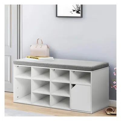 (White) Hallway Shoe Storage Bench Cabinet With Linen Padded Cushion Seat