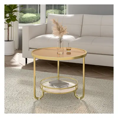 (Gold) Round 2-Tier Glass and Slate Coffee Table