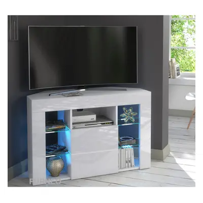 (Blue LED Lights) White Corner TV Stand 100cm Gloss & Matt Venico02 LED Lights