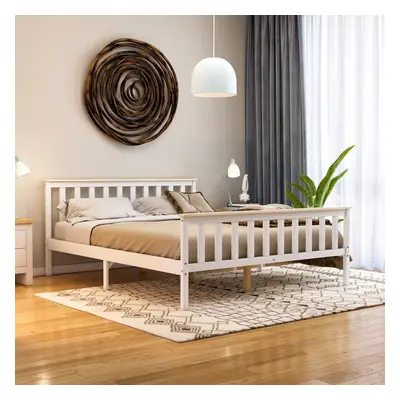 (King Size, White & Pine) Milan Wood Bed Frame High Foot Solid Pine Slatted