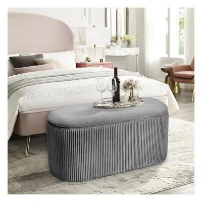 (Grey) Tufted Velvet Oval Storage Ottoman Stool