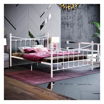 (Double, White) Paris Metal Bed Frame Curved High Foot Slatted