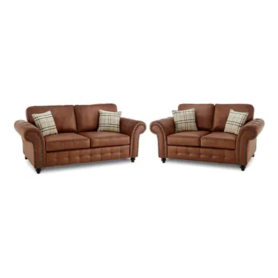 (Tan Brown) Oakland Suede Leather 2 Seater Sofa Set