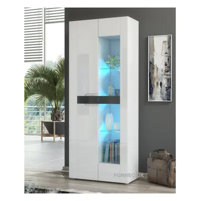 (Blue LED Lights) White 2-Door Display Cabinet Cupboard Gloss & Matt Milano08 LED Lights