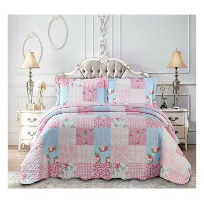 (Floral Pink, Double) Piece Patchwork Bedspread Quilted Throw Double & King Size Printed Bedding