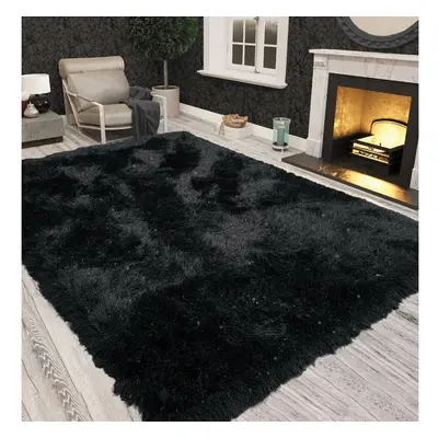 (Black) Non Slip Shaggy Sparkle Living Room Carpet Rugs