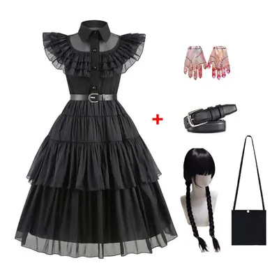 (Dress +Belt +Bag+Gloves+Wig, 6-7Y) Kids Girls Wednesday The Addams Family Costume Halloween Dre