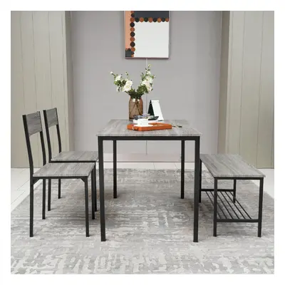 (Grey) 4pcs Dining Table and Chairs Set Wooden Bench Seat