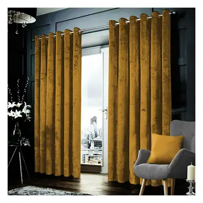 (Ocher, 90" x 90" (228cm x 228cm)) Velvet Curtains Eyelet Ring Top Ready Made Lined Pair Panel