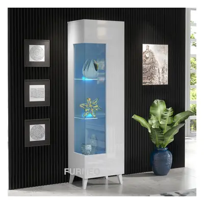 (Blue LED Lights) White Display Cabinet High Gloss & Matt Storage Cupboard Azzurro12 LED Lights