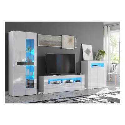 (RGB (multicoloured) LED Lights) Gloss & Matt White Living Room Set TV Stand Sideboard Display C