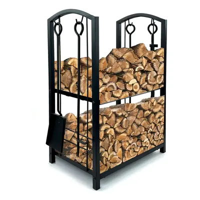 Firewood Tier Rack Log Holder Wood Storage with Hooks Tools Black