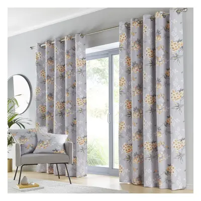 (66 x 90" (168x229cm)) Grey curtains ochre yellow flowers lined ready made floral pair window do