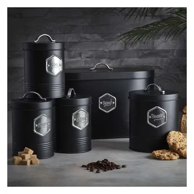 Cooks Professional Kitchen Storage Set Bread Bin Sugar Tea Coffee & Biscuit Tins Piece Set Black