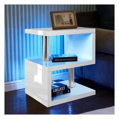 White High Gloss Tier Side Coffee Table With Led Light Home Decor