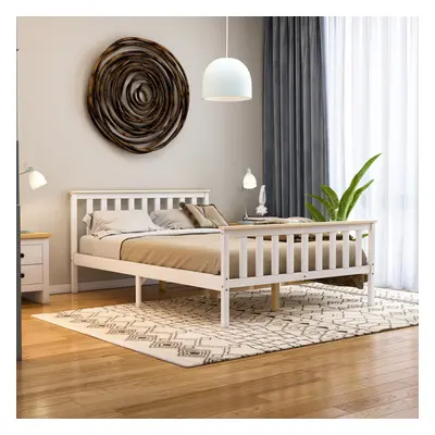 (Double, White & Pine) Milan Wood Bed Frame High Foot Solid Pine Slatted