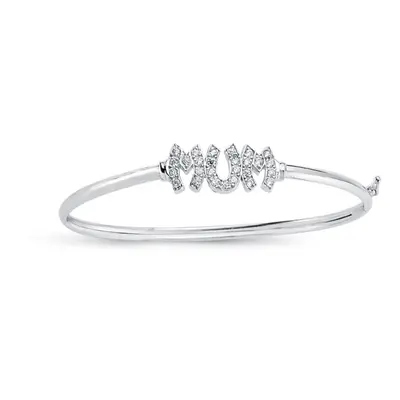 Jewelco London Rhodium Plated Sterling Silver Round Cubic Zirconia MUM ID Bangle Bracelet 3mm - 